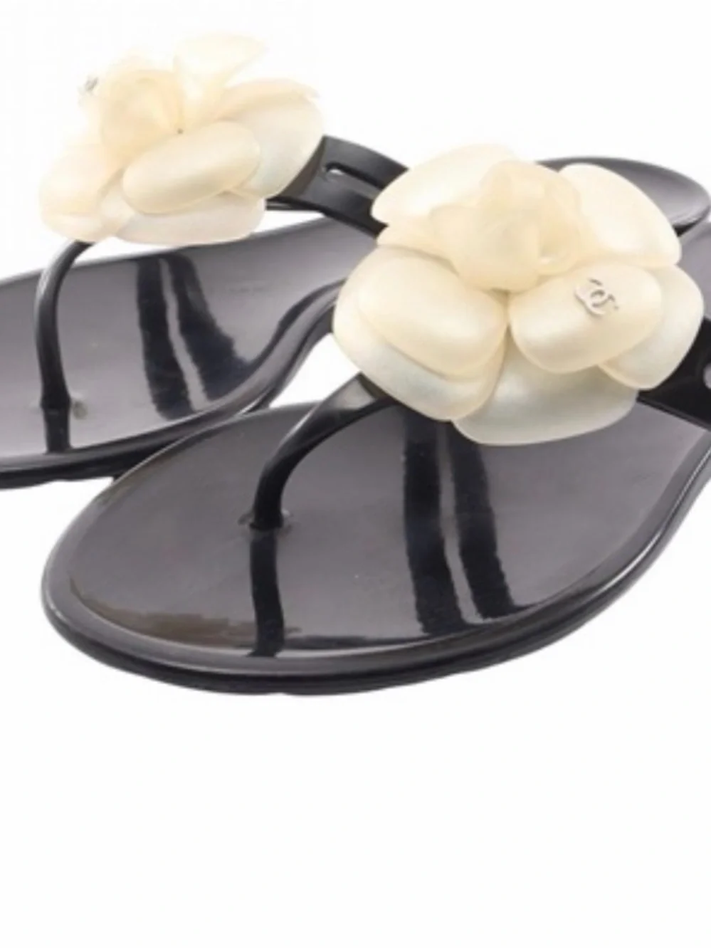 CHANEL Black Jelly Thong Sandals with Cream Camellia